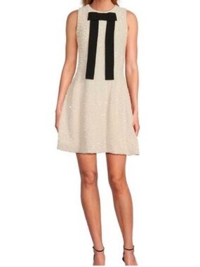 A Loves A White Sequin Shift Dress with Black Bow Detail